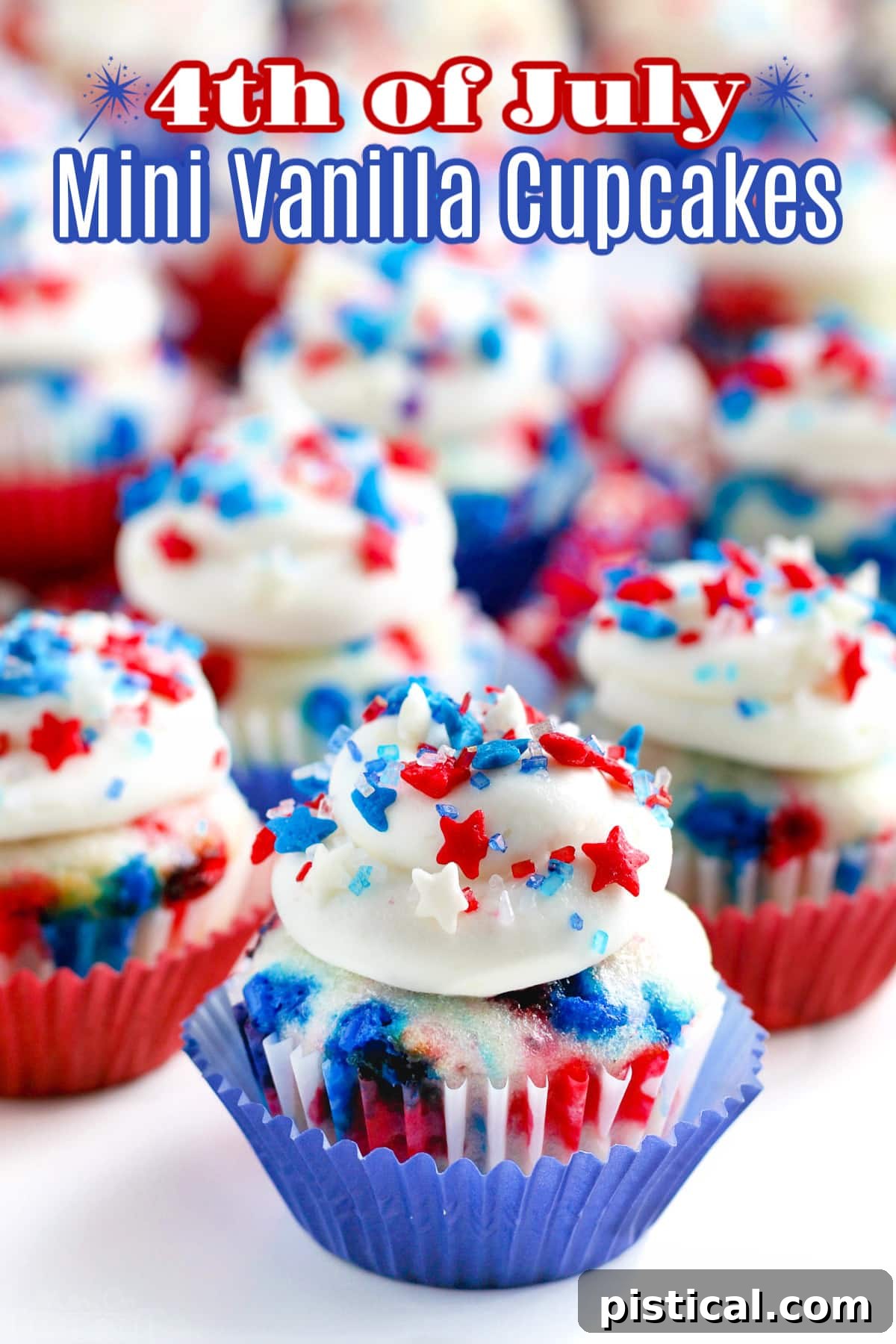 Close up of festive Mini Vanilla Cupcakes decorated with red, white, and blue star sprinkles, perfect for 4th of July celebrations.