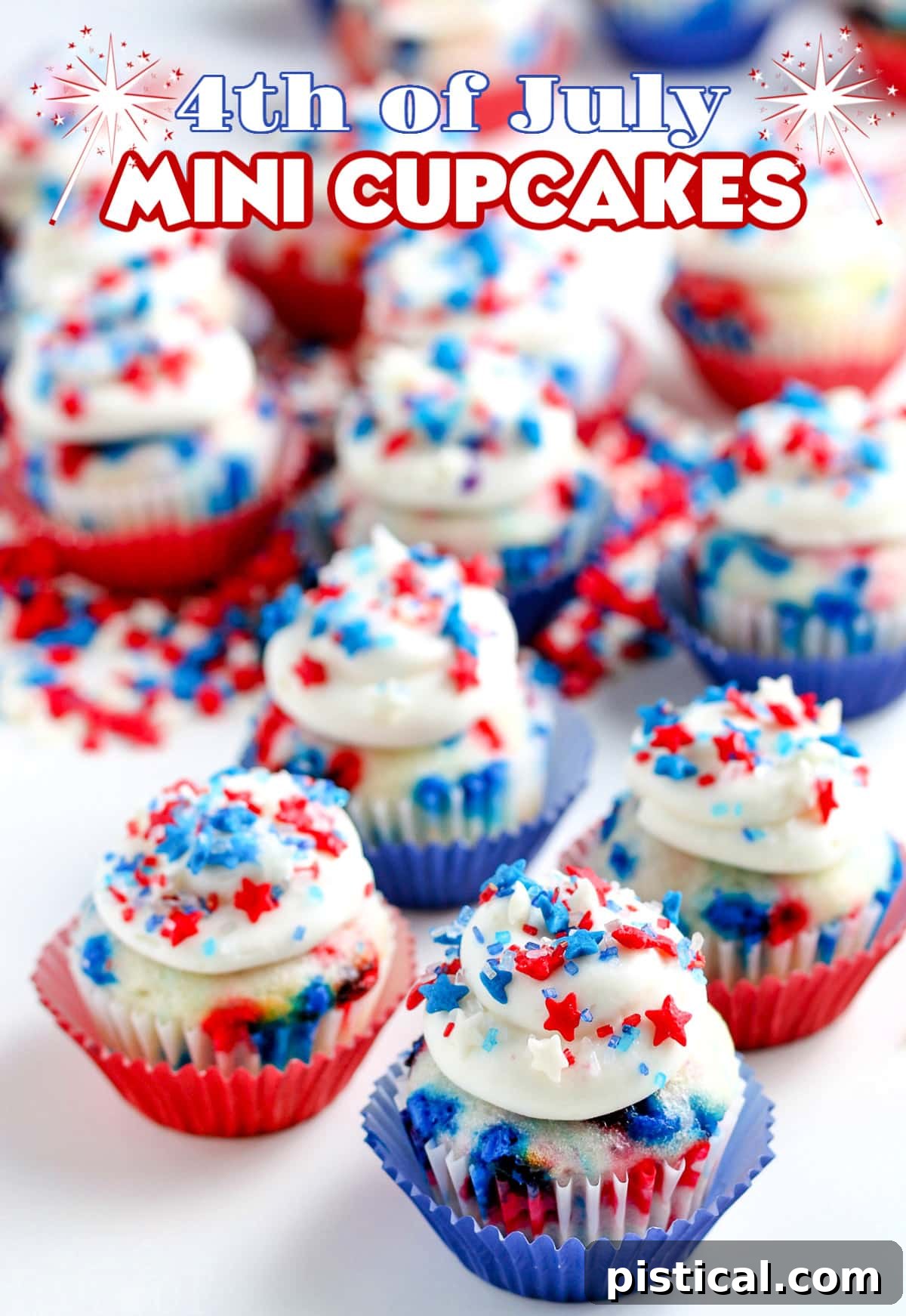 A vibrant display of 4th of July Mini Cupcakes, topped with creamy vanilla frosting and patriotic star sprinkles, with text overlay for holiday appeal.