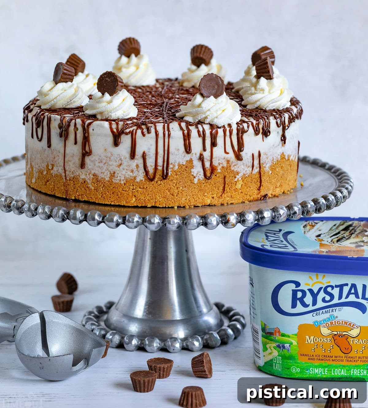 Close-up shot of Moose Tracks ice cream cake with a scoop taken out, adorned with mini Reese's peanut butter cups on top.