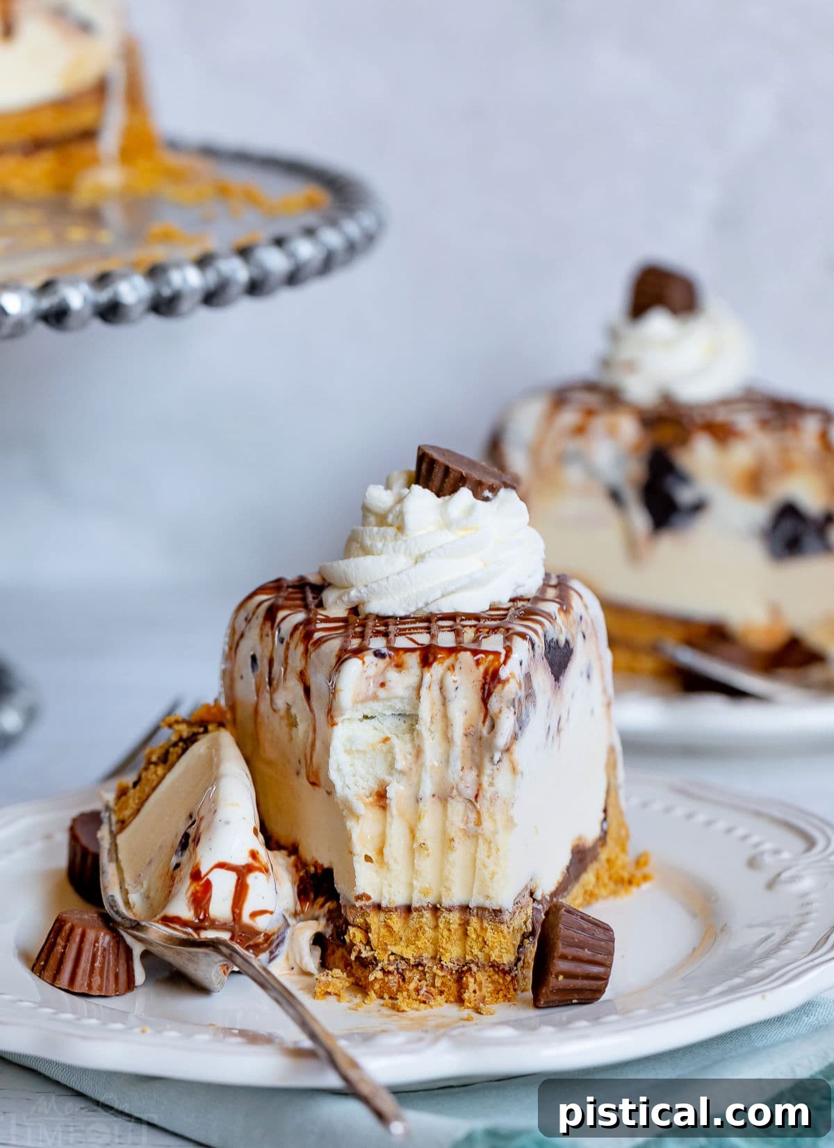A single slice of Chocolate Peanut Butter Ice Cream Cake on a white plate with one bite already taken, showing the perfect layers and creamy texture.