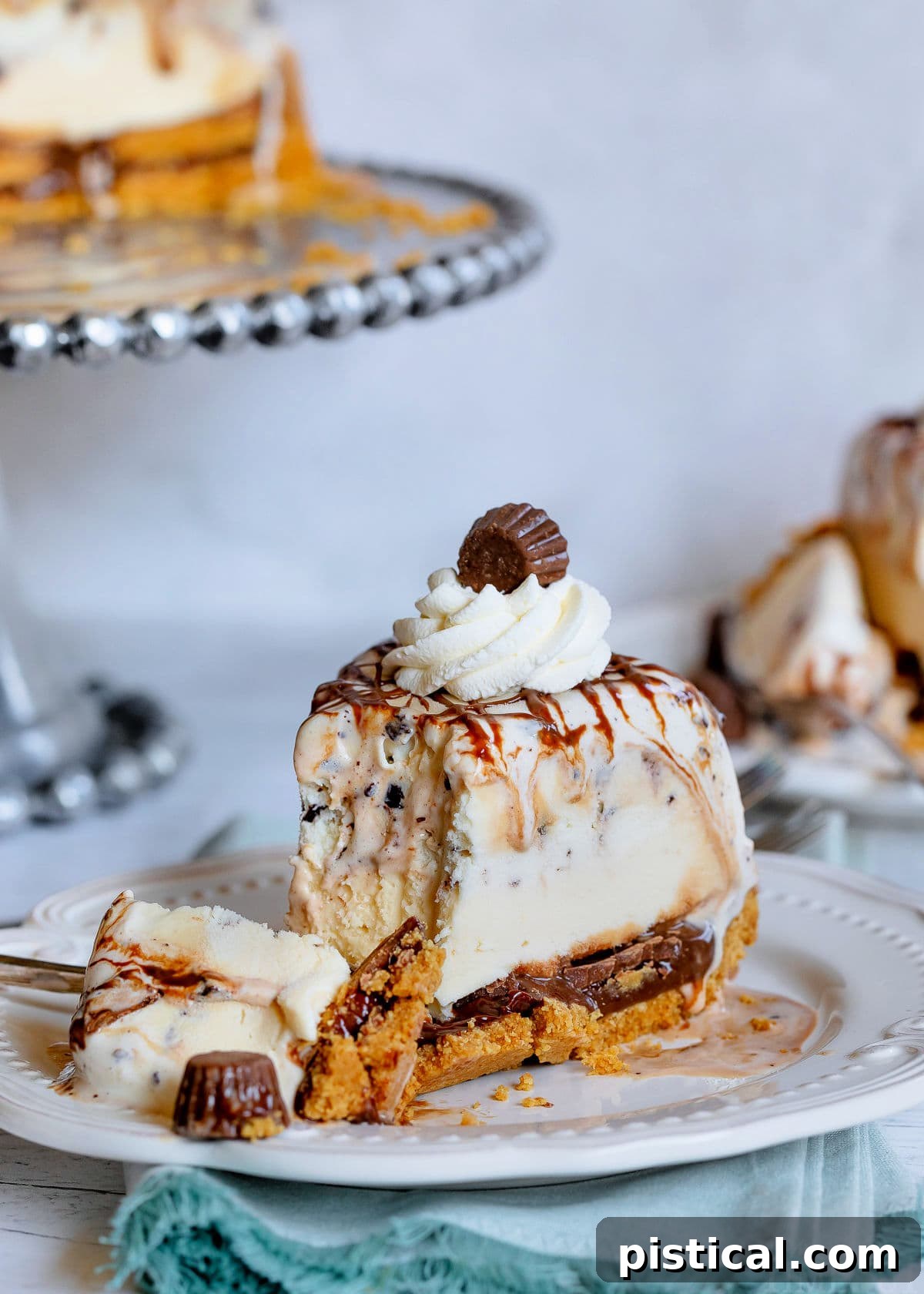 A slice of Chocolate Peanut Butter Ice Cream Cake on a white plate with a bite taken out, emphasizing the texture and deliciousness.