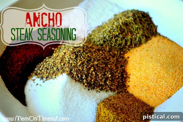 Ingredients for Ancho Steak Seasoning, including chili powder, cumin, salt, pepper, and garlic, perfectly blended in a white ceramic bowl.