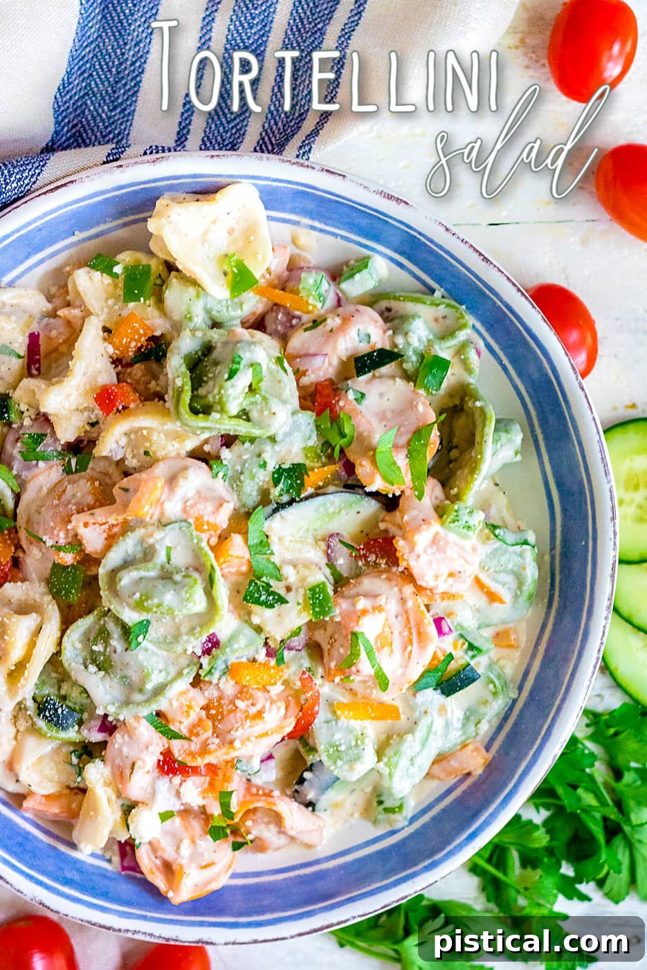Vibrant Tortellini Salad in a white and blue bowl, ready to serve at a summer gathering.