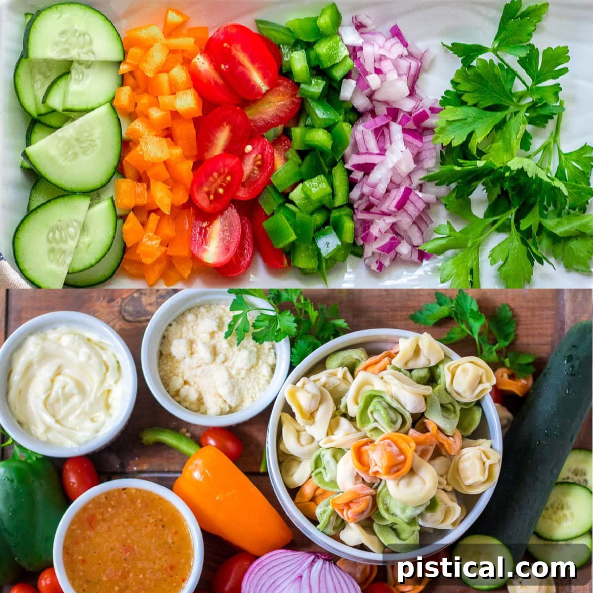 All fresh vegetables, mayonnaise, Italian dressing, and parmesan cheese laid out on a table, ready for the tortellini salad preparation.