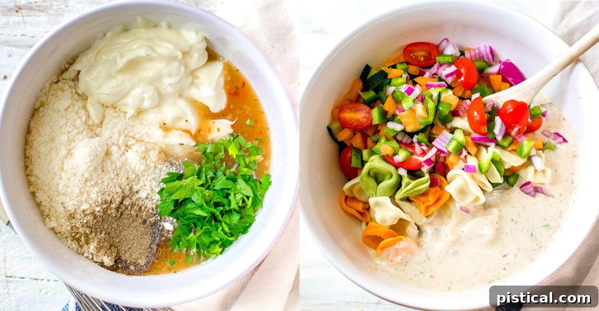 The creamy pasta salad dressing poured over cooked tortellini and fresh vegetables in a large bowl.