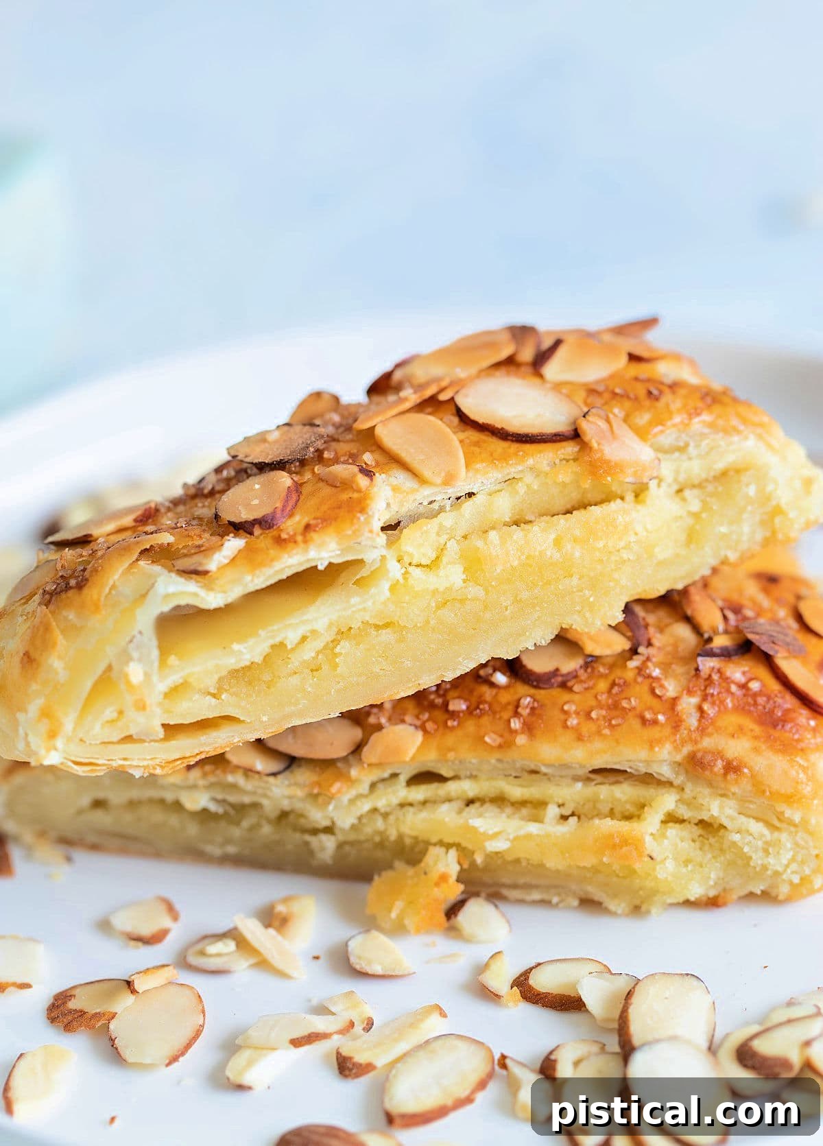 Two perfectly baked Bear Claw pastries, garnished with sliced almonds, presented on a pristine white plate against a clean white background, showcasing their golden crust and enticing texture.