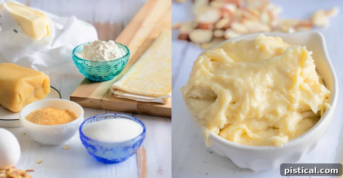 A two-image collage showing the preparation of the bear claw filling. The left image displays all the measured ingredients for the almond filling, while the right image shows the creamy, mixed filling in a white bowl.