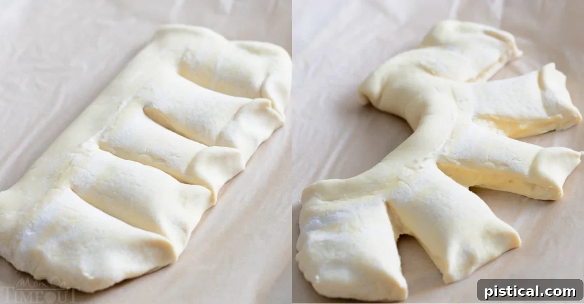A two-image collage showing the process of shaping a bear claw pastry. The left image shows the puff pastry being cut into sections, and the right image demonstrates how the cut sections are fanned out on parchment paper to form the signature bear claw shape.