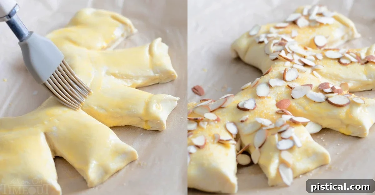 A two-image collage illustrating the final preparation steps for the bear claw pastry. The left image shows the pastry being brushed with an egg wash, and the right image captures sliced almonds and coarse sugar being sprinkled over the egg-washed surface.