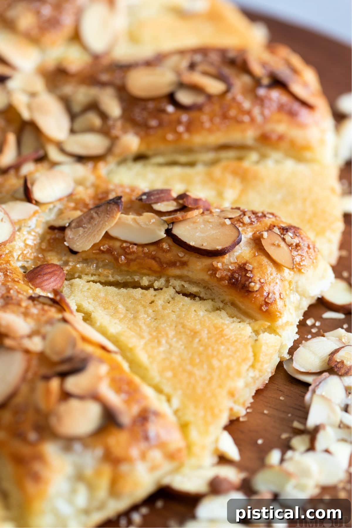 A close-up shot of a freshly baked bear claw pastry, highlighting its flaky texture, golden-brown crust, and abundant sliced almonds on top.