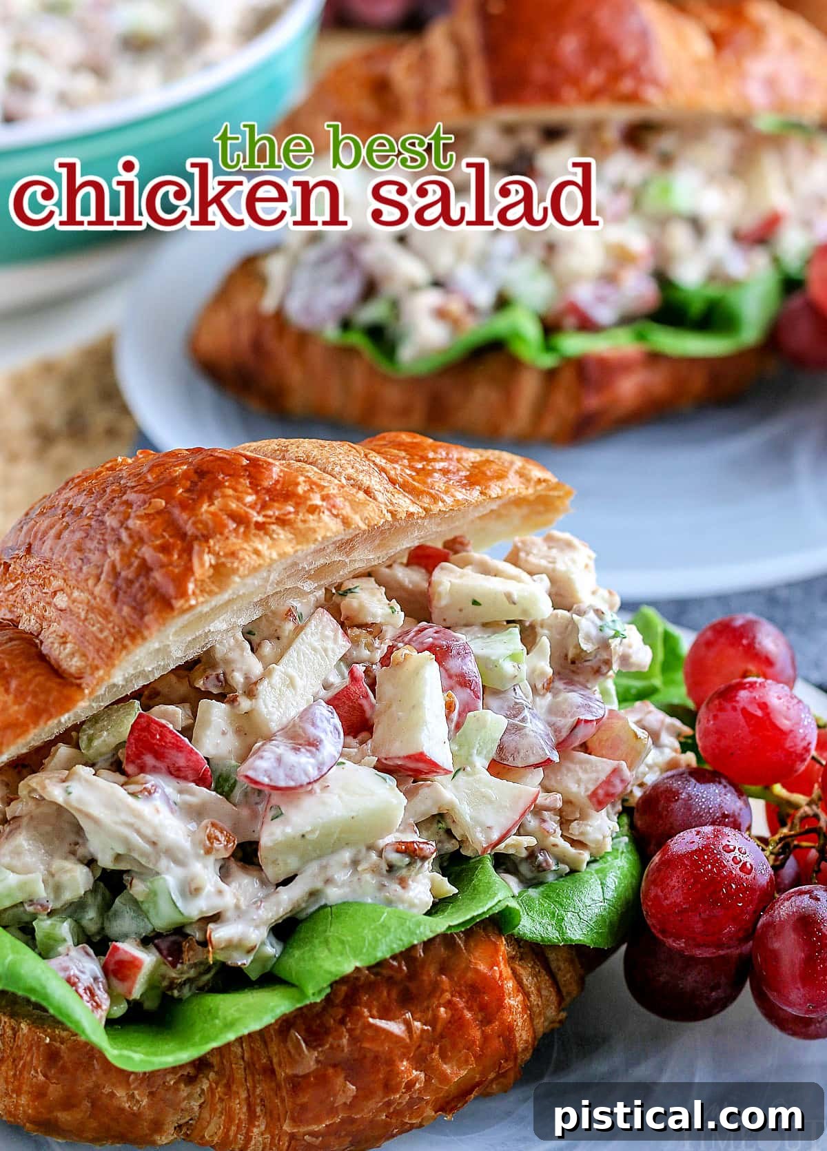 close up view of best chicken salad recipe served on croissant with grapes on the side and text overlay