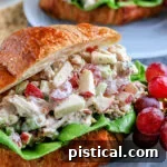 chicken salad on croissant sitting on glass plate with grapes on the side blue napkin underneath squared