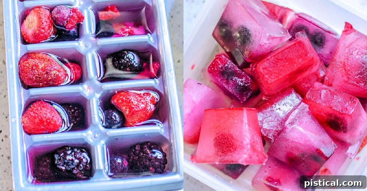 A two-image collage showing berries in an ice cube tray being filled with water, and then the same berries frozen solid in the tray.