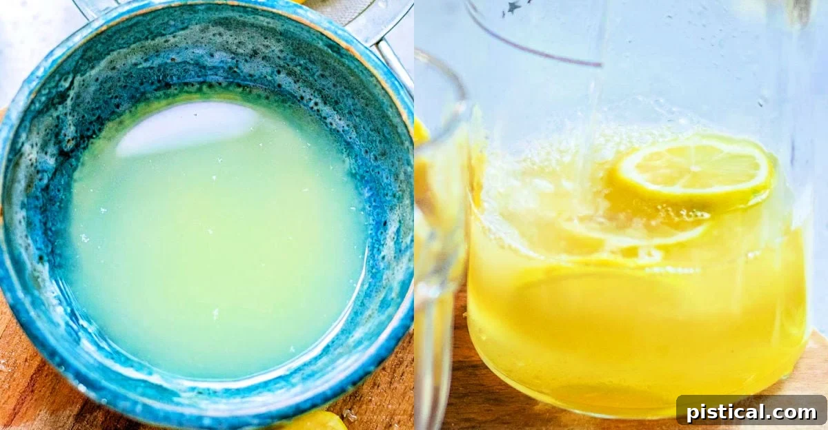 A bowl of freshly squeezed lemon juice next to a pitcher filled with lemon slices and juice, highlighting the preparation process.