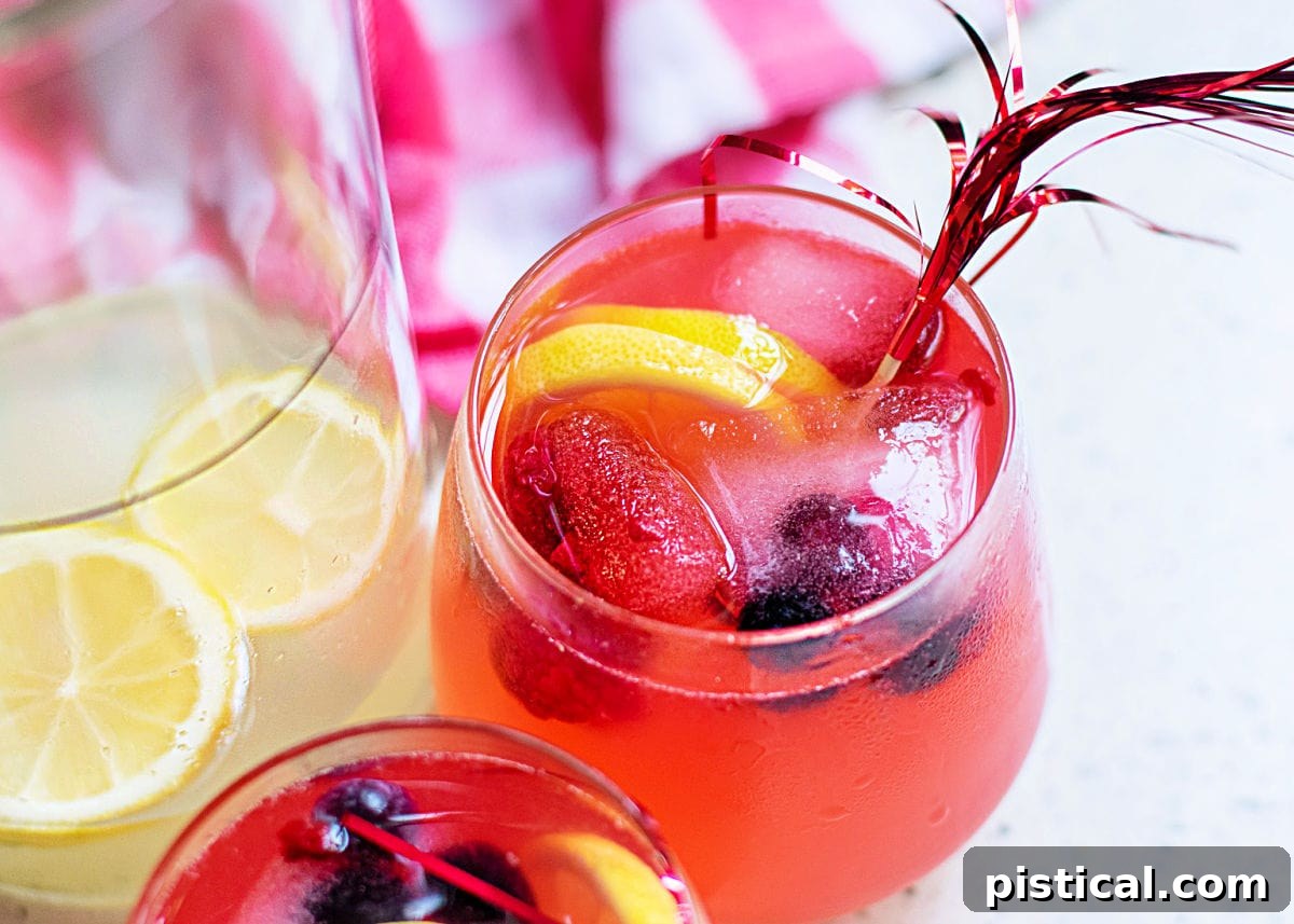 Two glasses of Berry Lemonade with a pitcher of lemonade and fresh berries in the background, ready for serving.