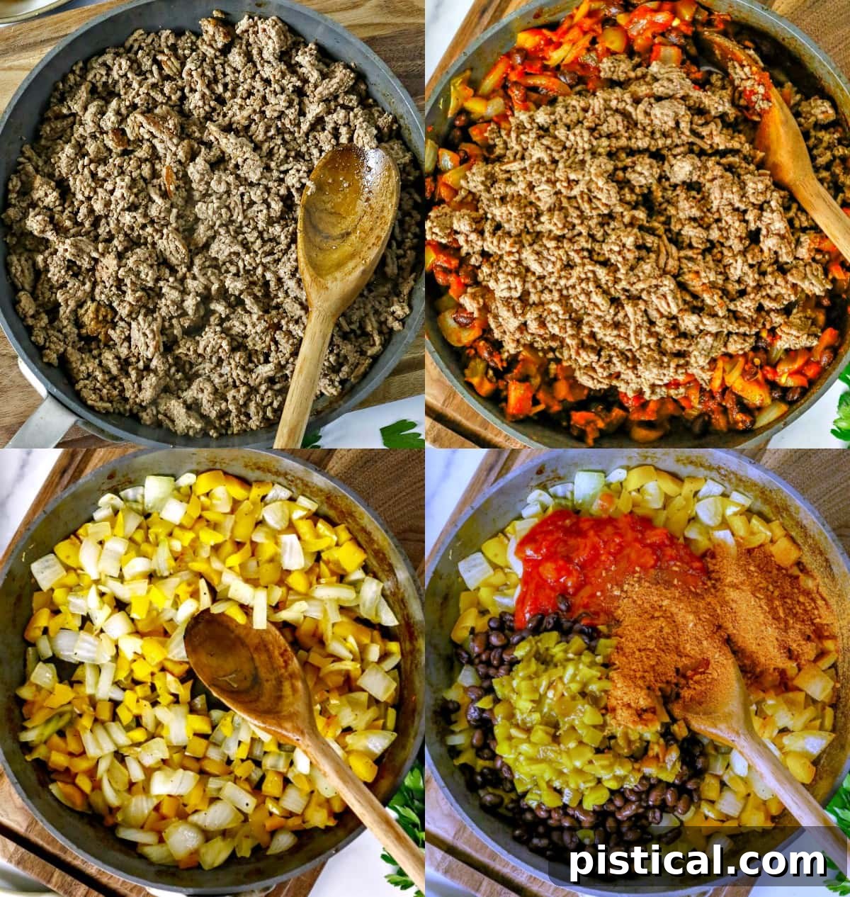 A four-image collage showing the cooking process for the taco meat base: browning ground beef, sautéing onions and bell peppers, adding salsa and seasoning, and finally stirring in cream cheese until smooth and creamy.