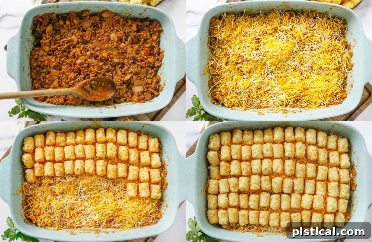 A four-image collage demonstrating the assembly of the Taco Tater Tot Casserole: spreading the meat mixture in a baking dish, layering with shredded cheese, and meticulously arranging frozen tater tots on top before baking.