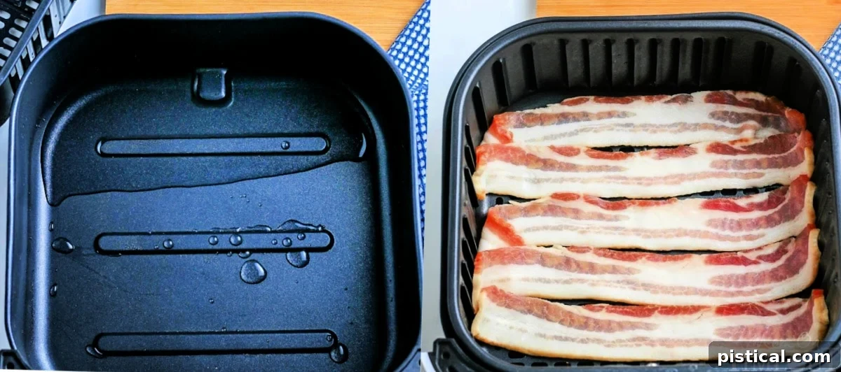 A two-image collage showing an air fryer basket with water in the bottom, and another image of raw bacon strips perfectly arranged in the air fryer basket.