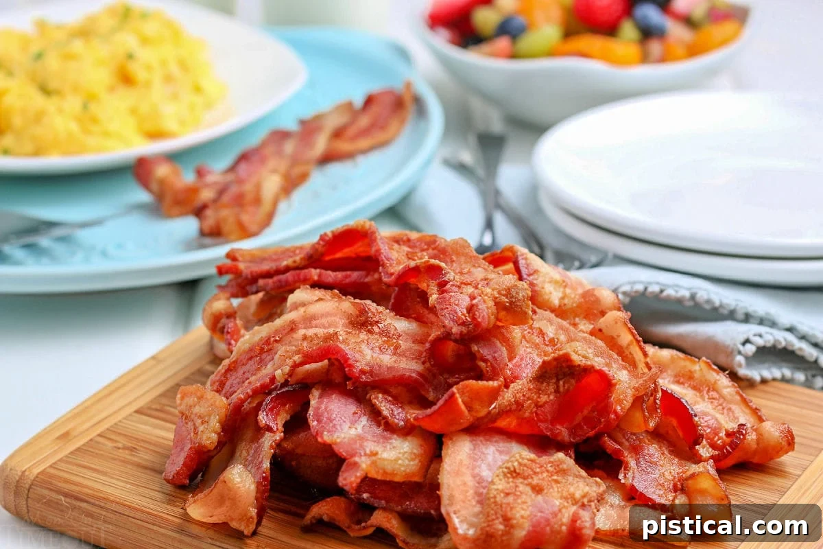 Piled high crispy bacon on a wooden cutting board with a bowl of colorful fruit salad and a plate with eggs and bacon in the background, creating a mouth-watering breakfast scene.