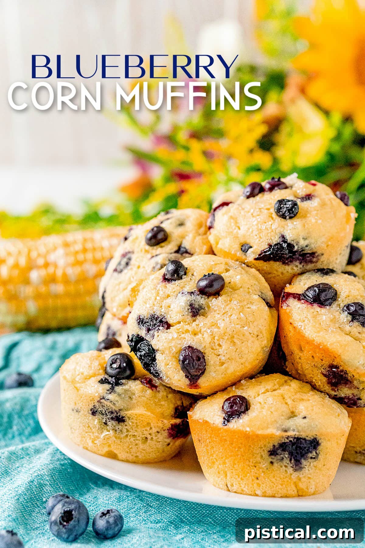 Piled high blueberry corn muffins on a white plate with a blue napkin and text overlay