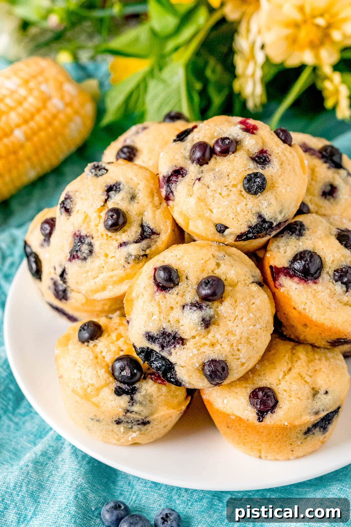 Top down view of blueberry corn muffins on a white plate with corn cobs and yellow flowers in the background