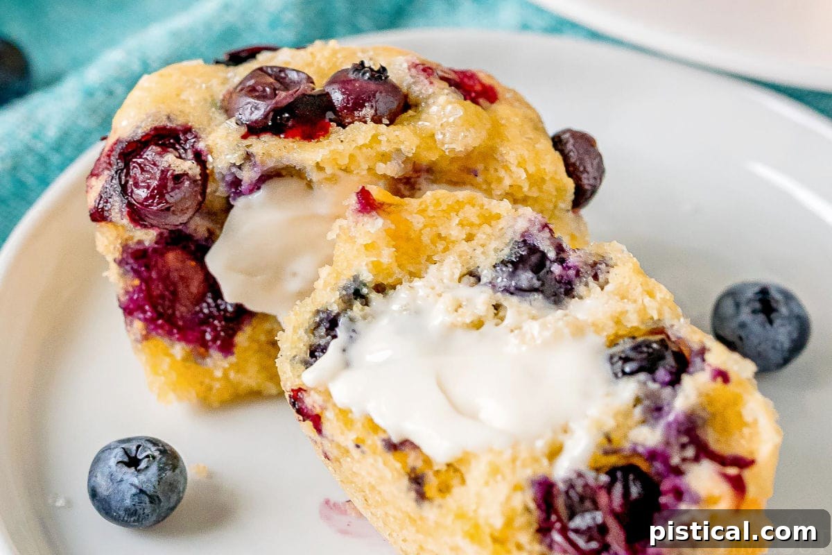 Corn muffins with blueberries split in half and buttered on a white plate