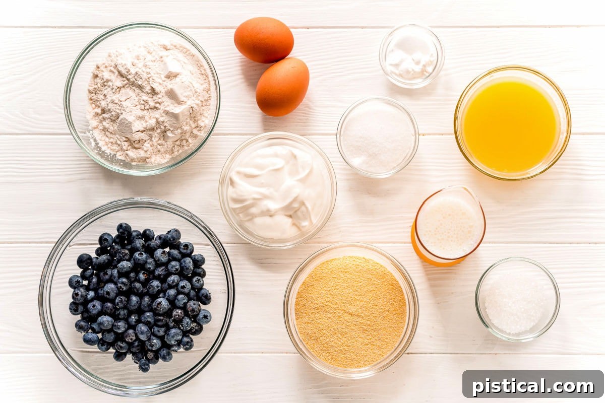 Ingredients for corn muffins measured out into small glass bowls, ready for mixing