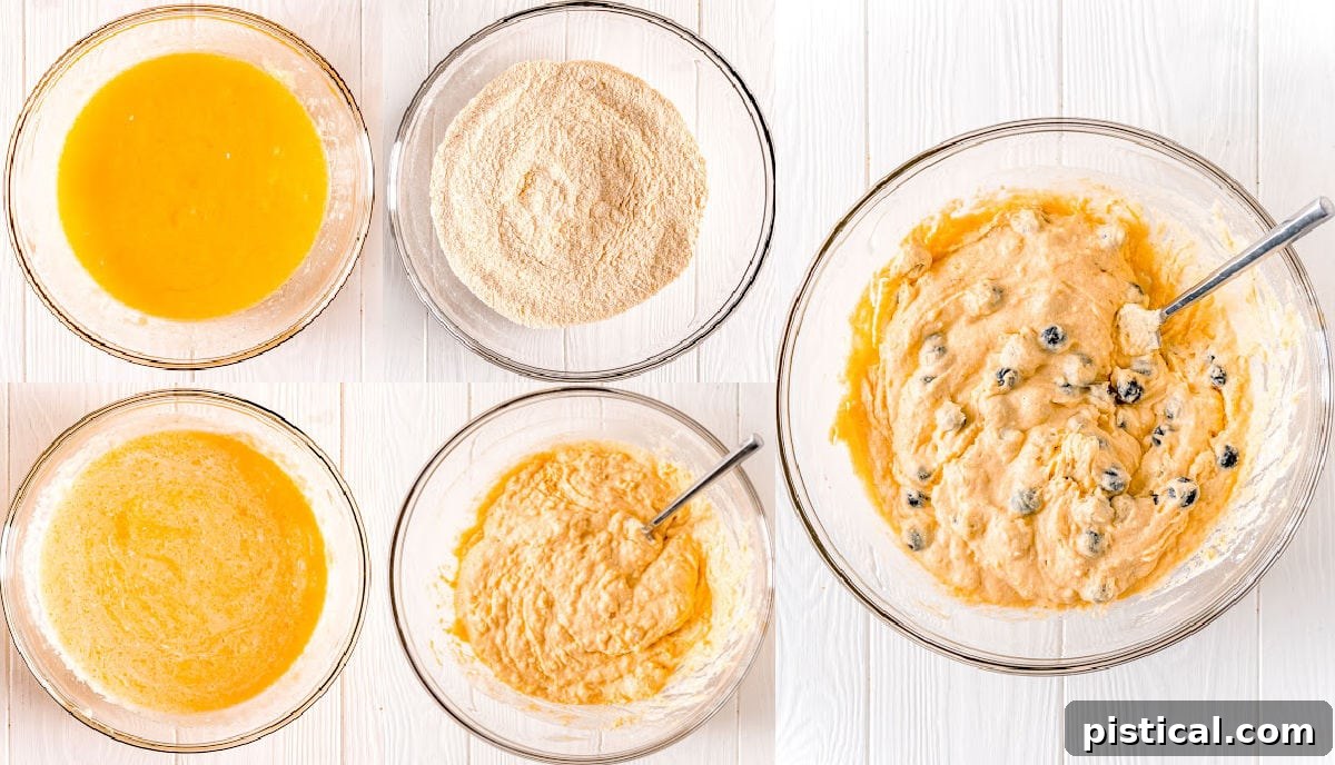 A 5-image collage showing blueberry corn muffin batter being gradually mixed together