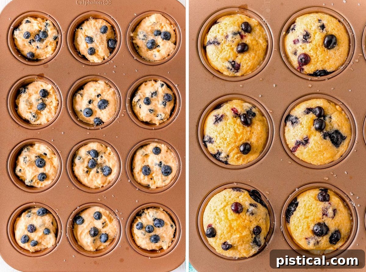 Corn muffins in a muffin pan, with one side showing unbaked batter and the other side showing six baked muffins