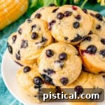 Top down view of blueberry corn muffins on a white plate with corn and yellow flowers in the background