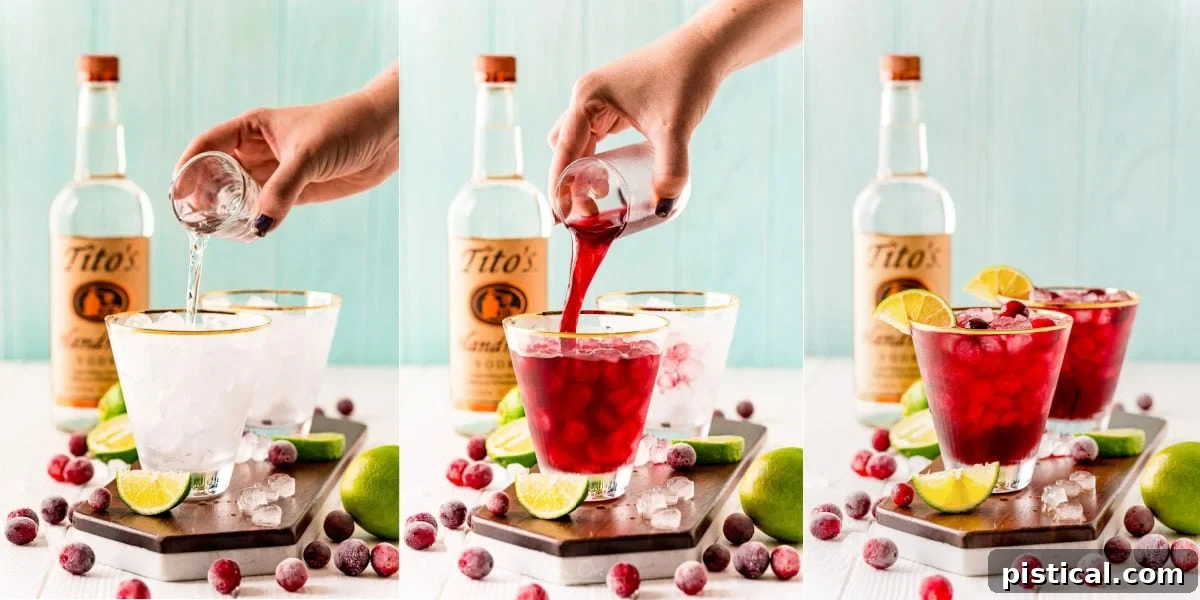 how to make vodka cranberry 3 image collage showing drink being prepared