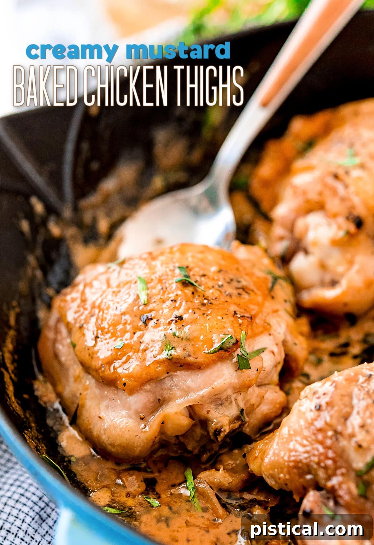 Velvety Mustard Chicken Bake 2 baked chicken thighs with mustard sauce in cast iron blue staub skillet with text overlay