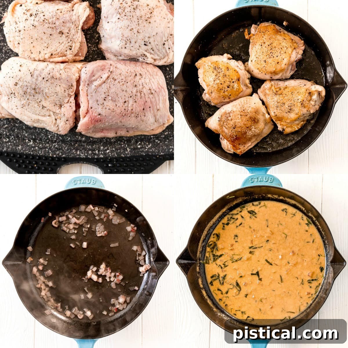 Velvety Mustard Chicken Bake 3 four image collage of chicken thighs seasoned and then seared and the sauce being made in the same skillet