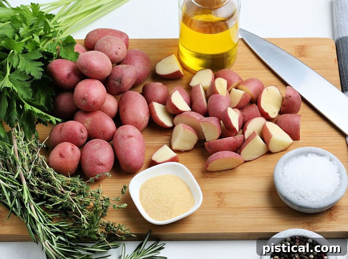 oven roasted potatoes ingredients set out on wood cutting board