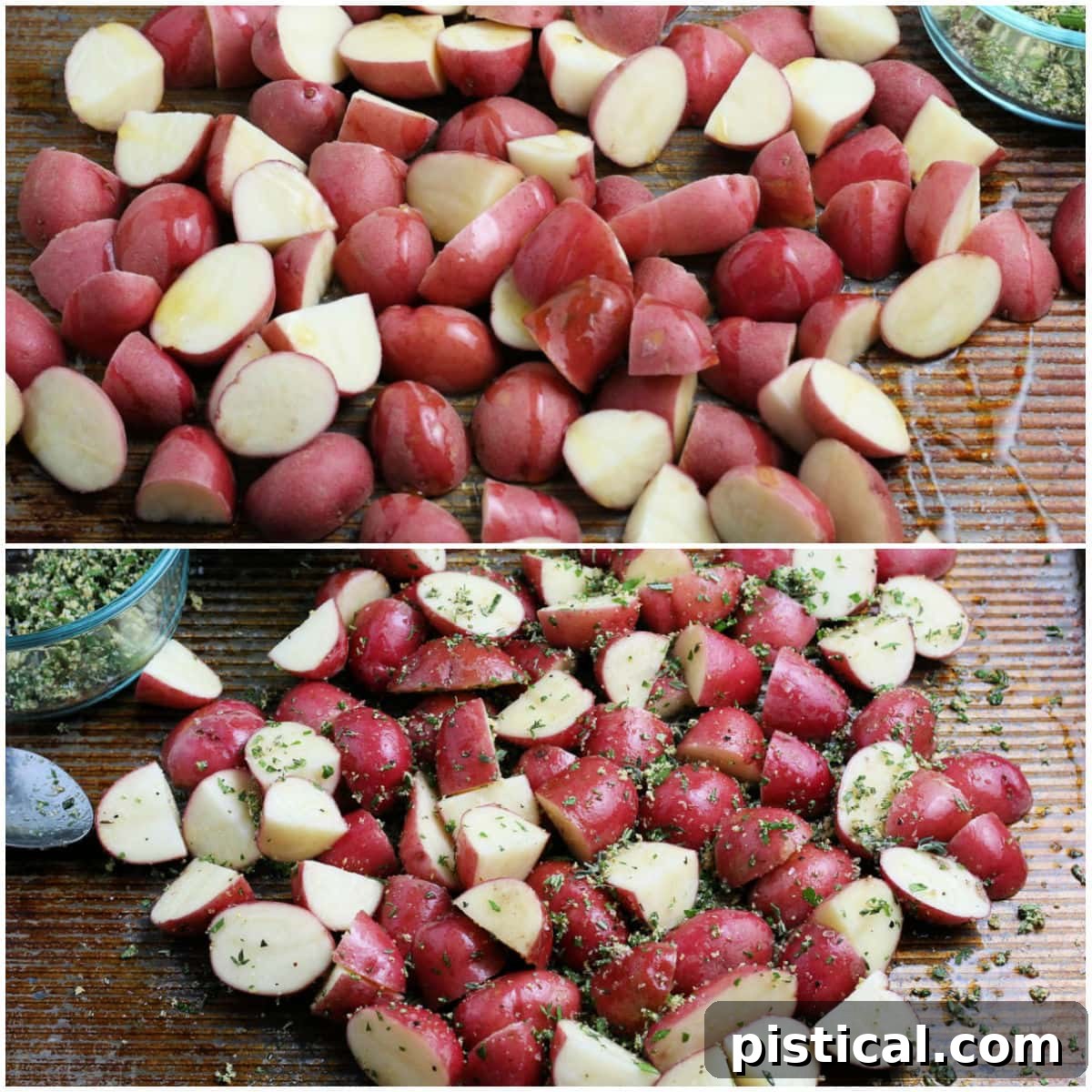 2 image collage showing olive oil being drizzled over potatoes and then herbs and seasoning being mixed in