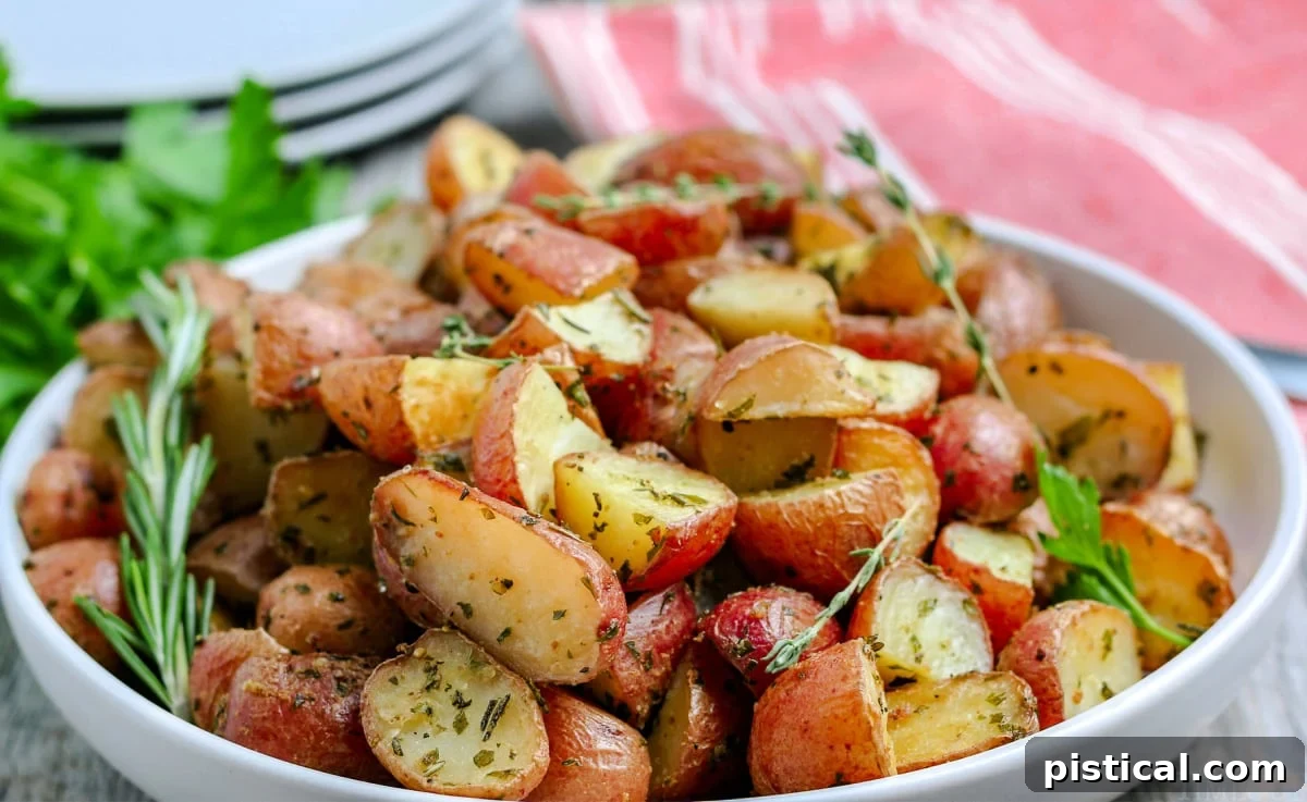 oven roasted potatoes in white bowl with fresh herbs on top wide shot