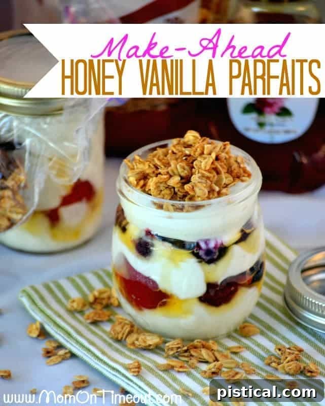 Two vibrant honey vanilla parfaits in clear jars, ready for a healthy and quick breakfast. Layers of creamy yogurt, sweet honey, and fresh berries are visible, topped with crunchy granola.