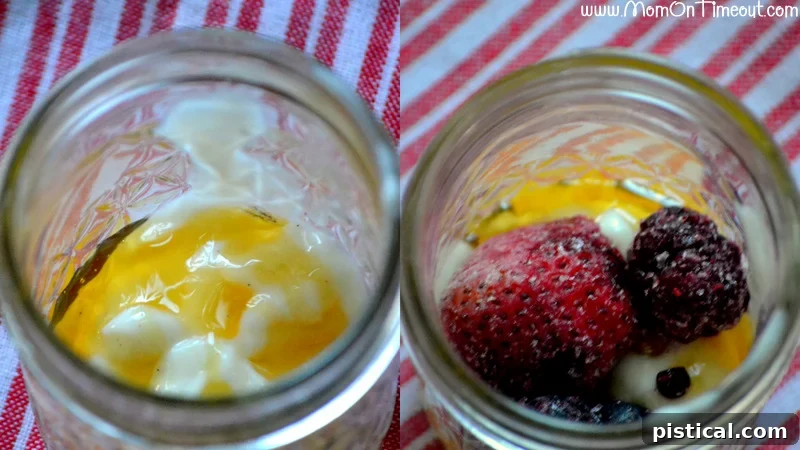 A visual guide showing the step-by-step layering process for making honey vanilla parfaits: beginning with yogurt, then honey, and finally berries, all carefully added into a glass jar.