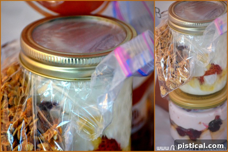 A freshly made honey vanilla parfait, brimming with creamy yogurt, colorful berries, and topped with a generous layer of crunchy granola, ready to be enjoyed as a delightful breakfast.