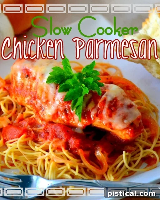 Easy, Cheesy, Slow Cooker Chicken Parmesan | Mom On Timeout - Easy AND Delicious! The perfect weeknight meal! #dinner #chicken #recipe #slowcooker Easy and Cheesy Slow Cooker Chicken Parmesan, a perfect weeknight meal for busy families. Features tender chicken, rich sauce, and melted cheese cooked in a crockpot.