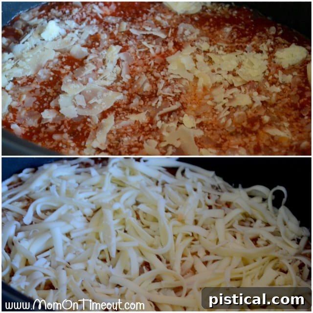 Melt-in-Your-Mouth Cheesy Slow Cooker Chicken Parmesan 3 Chicken Parmesan Recipe step 2 showing cooked chicken breasts topped with melted parmesan and mozzarella cheese in a slow cooker.