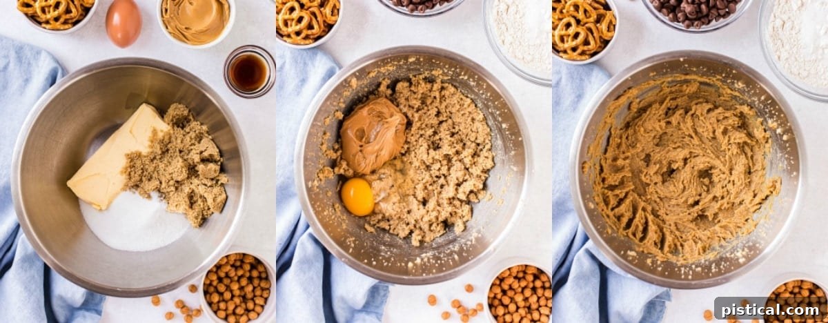 A three-image collage showing cookie dough ingredients being mixed together in a metal bowl, illustrating the creaming process.