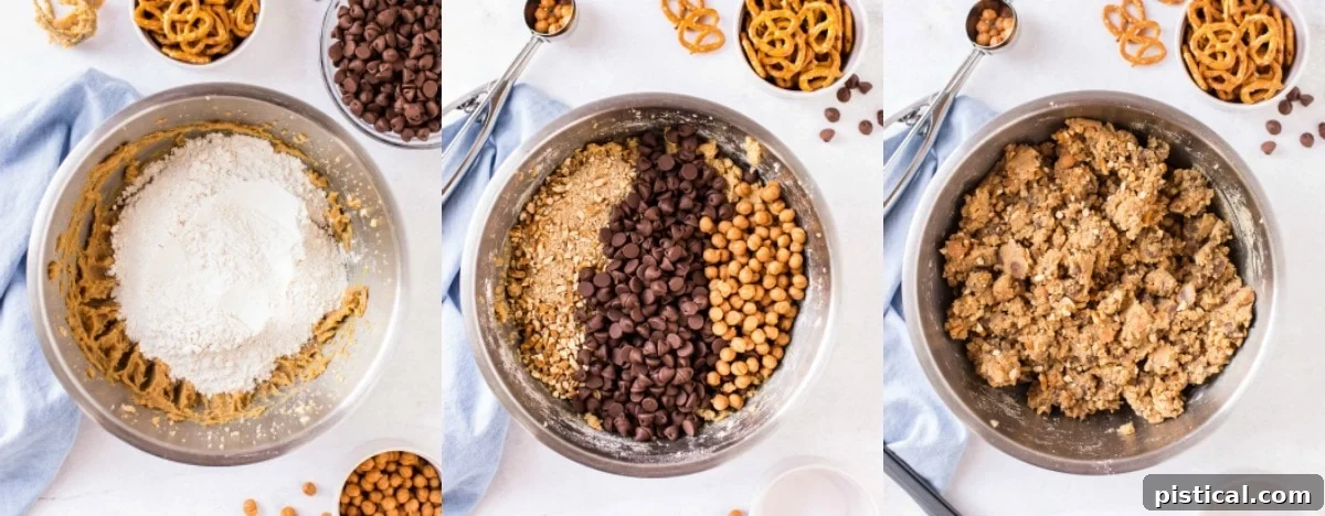 A three-image collage depicting chocolate chip cookie dough being mixed in a metal bowl, showcasing the addition of inclusions.