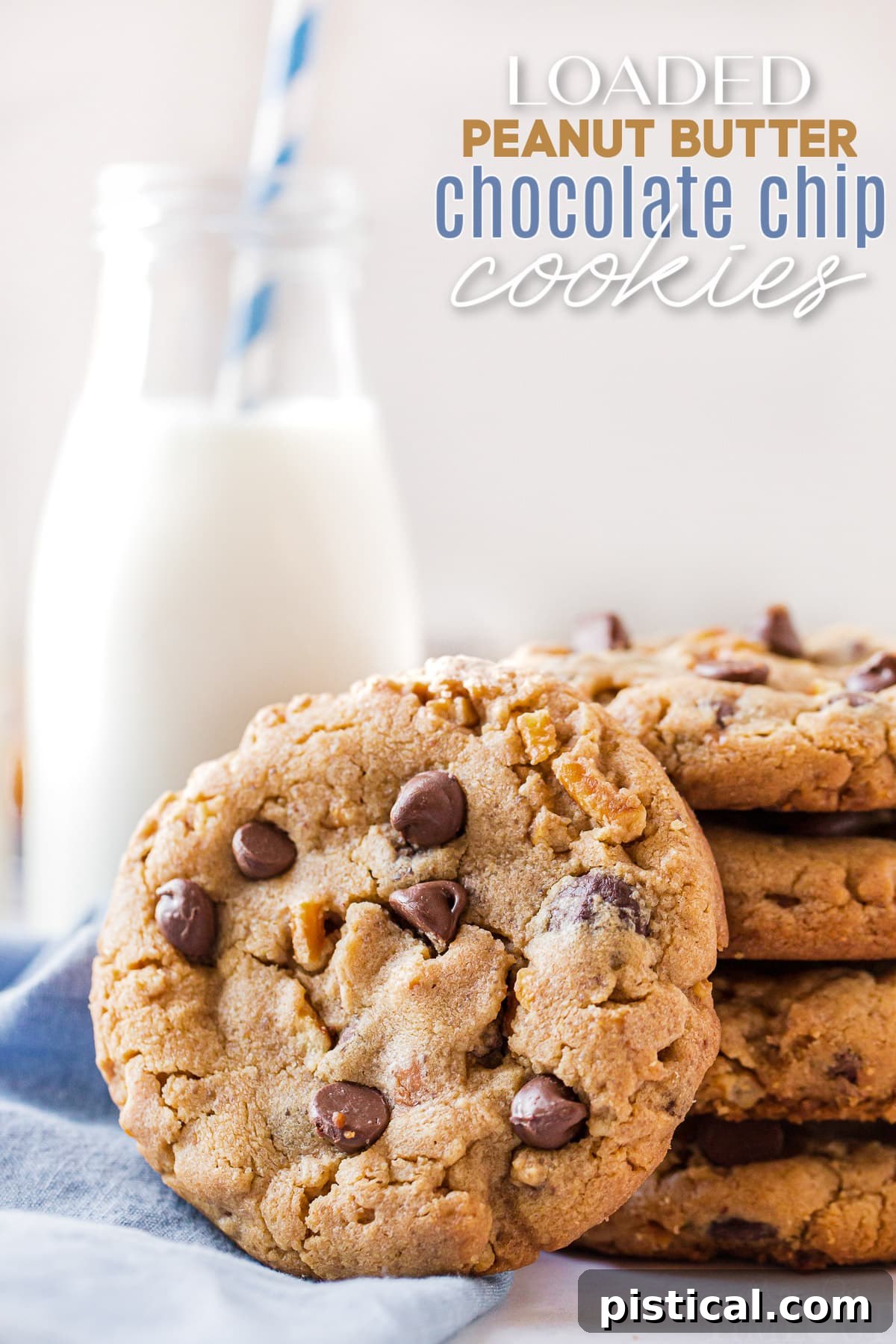 Pretzel chocolate chip cookies stacked next to a blue napkin with a milk jug in the background, one cookie on its side, and a text overlay at the top.