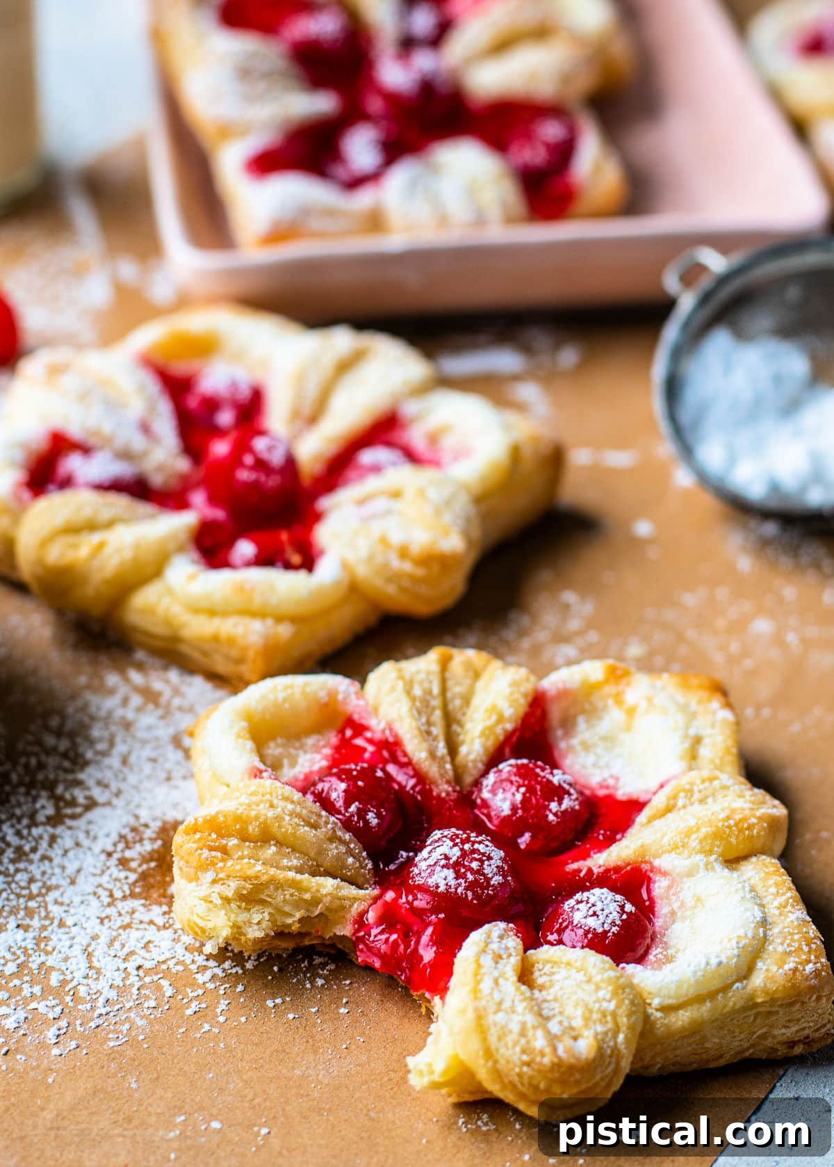 Close-up of a cherry cheese danish with a bite taken out, revealing the creamy filling and flaky pastry, resting on parchment paper.