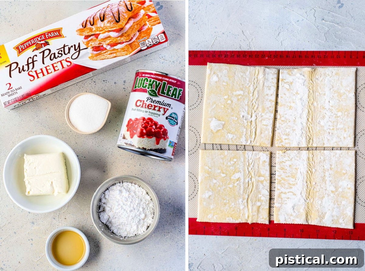 A two-image collage showing danish ingredients on the left and cut puff pastry squares on the right, ready for assembly.