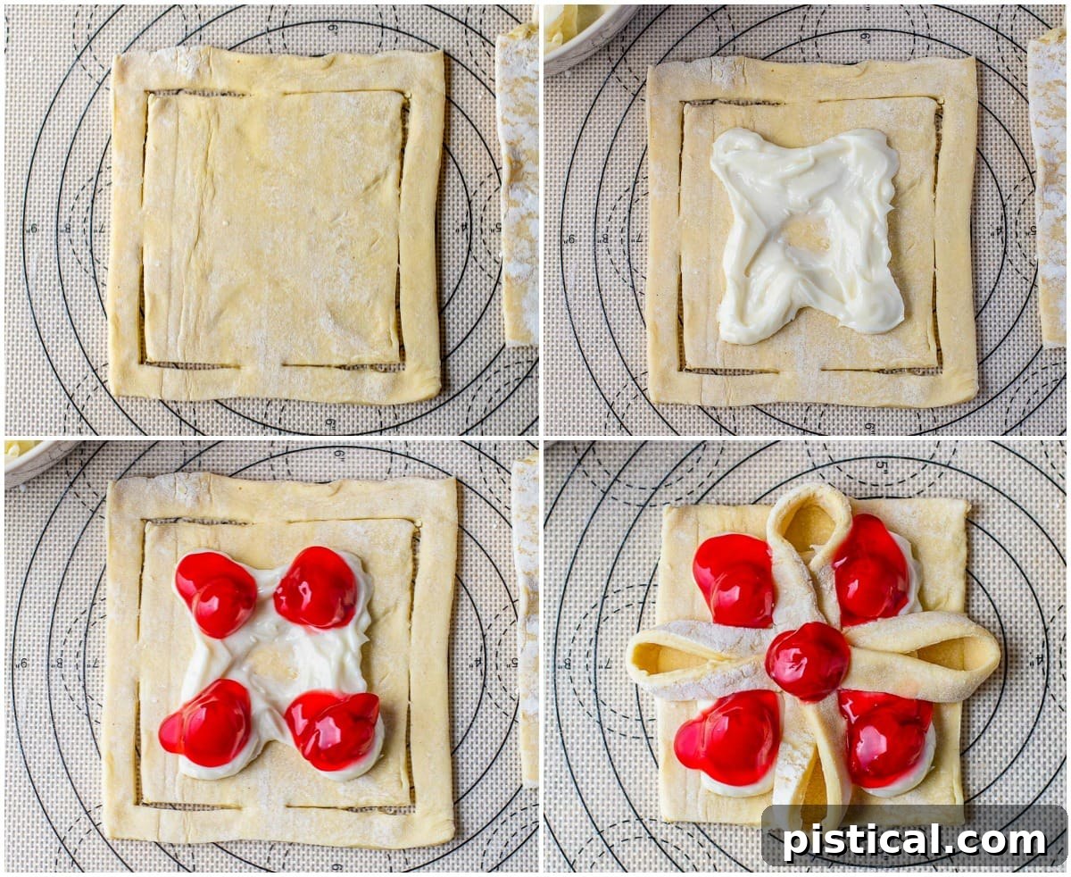 A four-image collage showing the step-by-step process of cutting and folding puff pastry to form danishes.