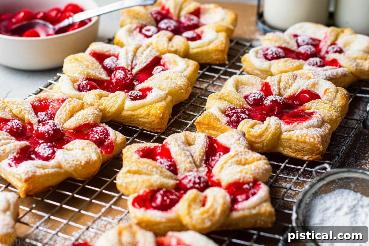 Six baked cherry cheese danishes on a wire cooling rack, sprinkled with powdered sugar.