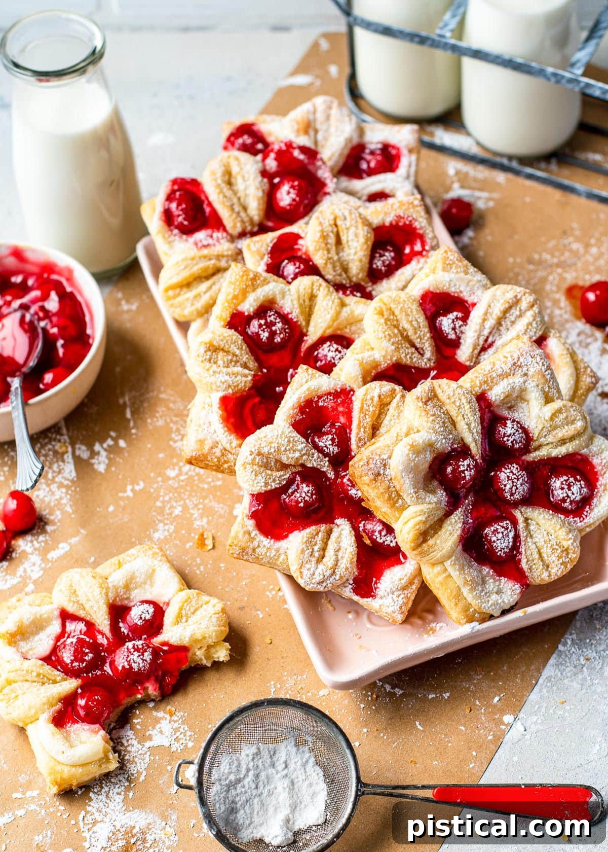 Top-down view of all the baked cherry cheese danishes on a tray, glistening with powdered sugar.