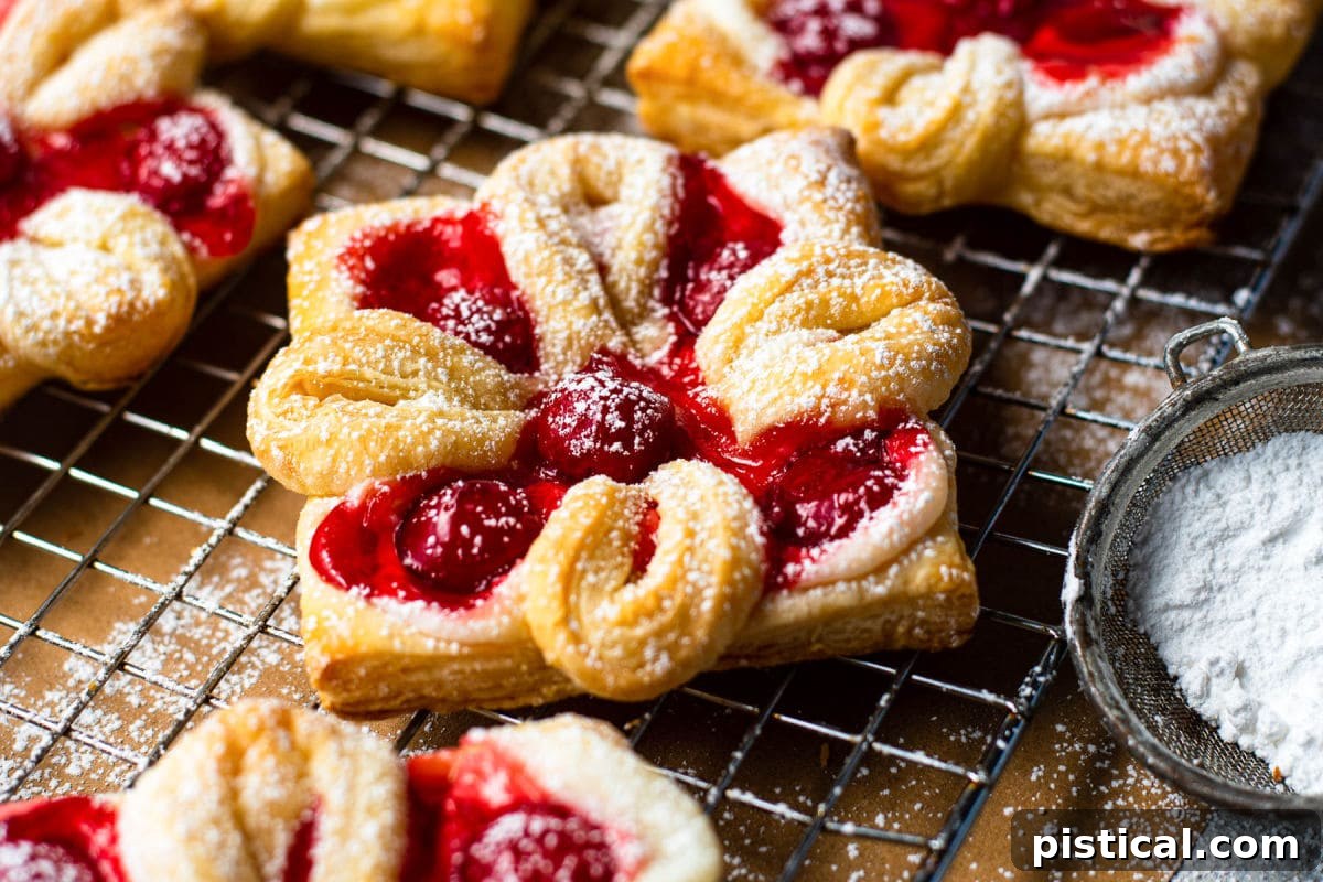 A single baked cherry cheese danish on a wire cooling rack, perfectly golden and dusted with powdered sugar.